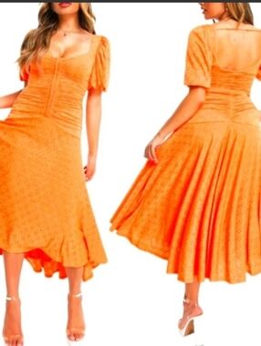 Ruched V-Neck Orange Maxi/ Midi Dress.